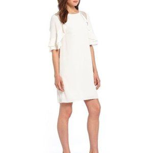 H by Halston Chalk Ruffle Short Sleeve Lace Detail Straight Shift Lace Dress 6